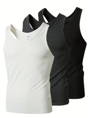 Men's Knitted Vertical Stripe Tank Top Set of 3 Polyester Sleeveless Sports Casual