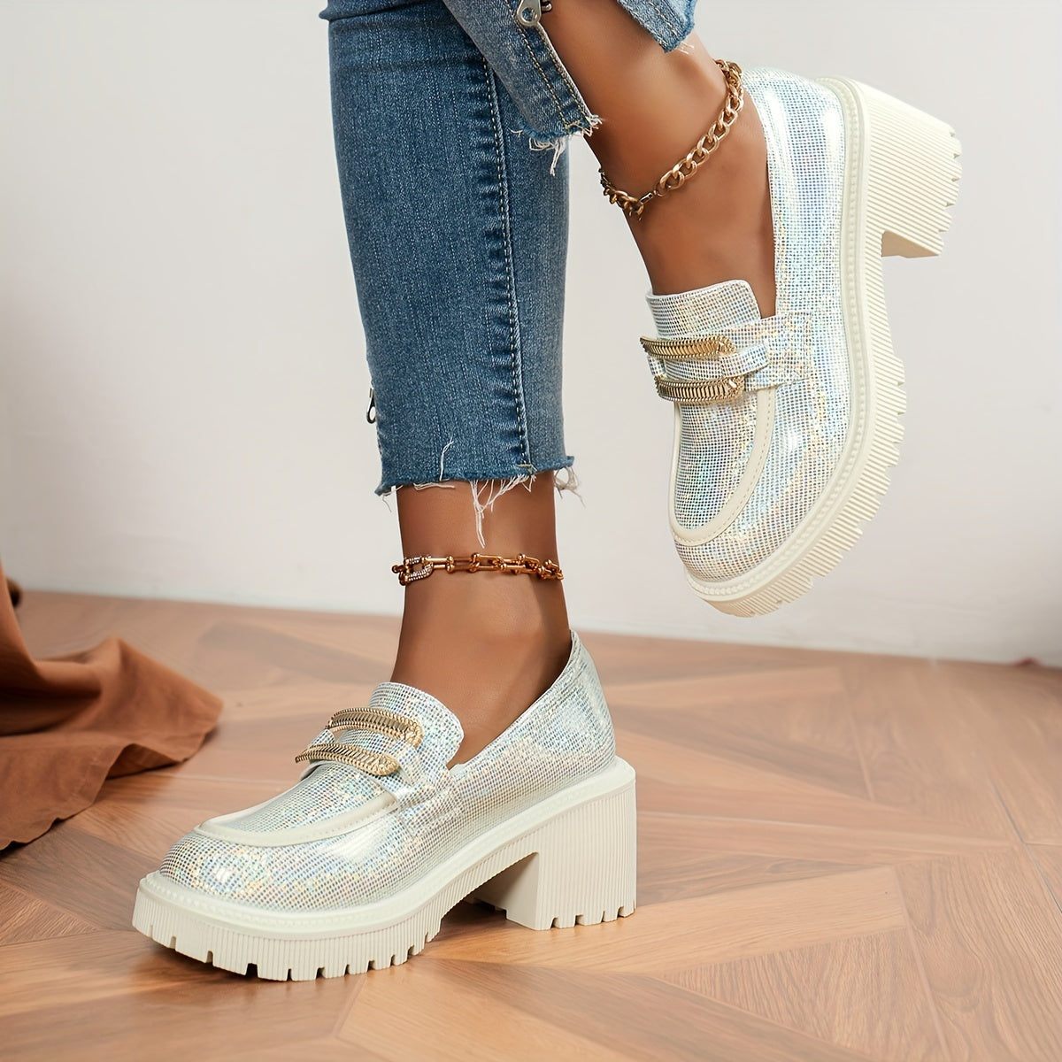 Women's Glitter Loafers Pink Sequin Slip-On Shoes with Chunky Heel