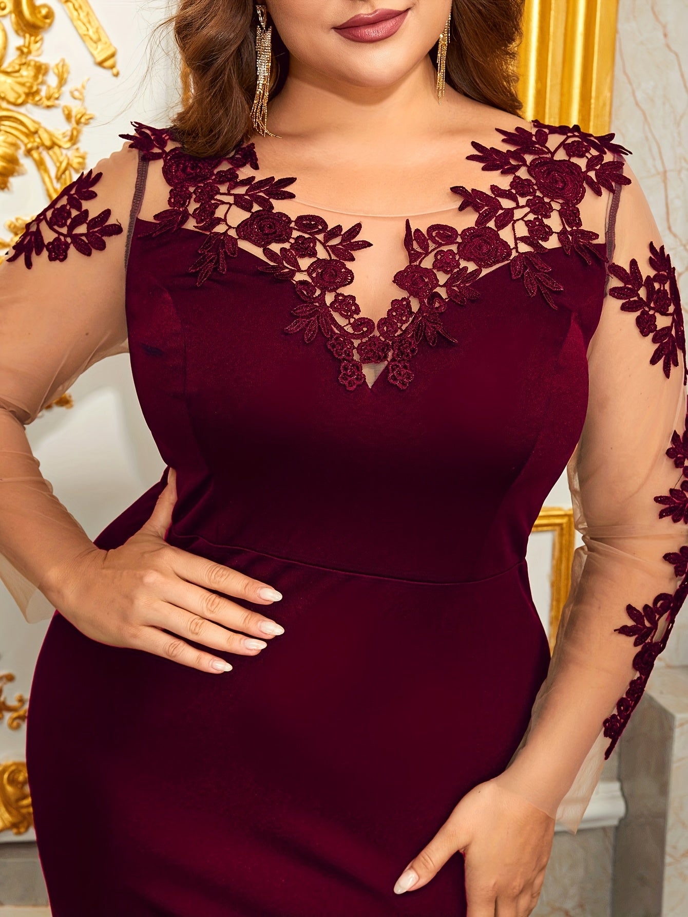 Plus Size Womens Fish Tail Evening Dress with Lace Flowers Long Sleeves