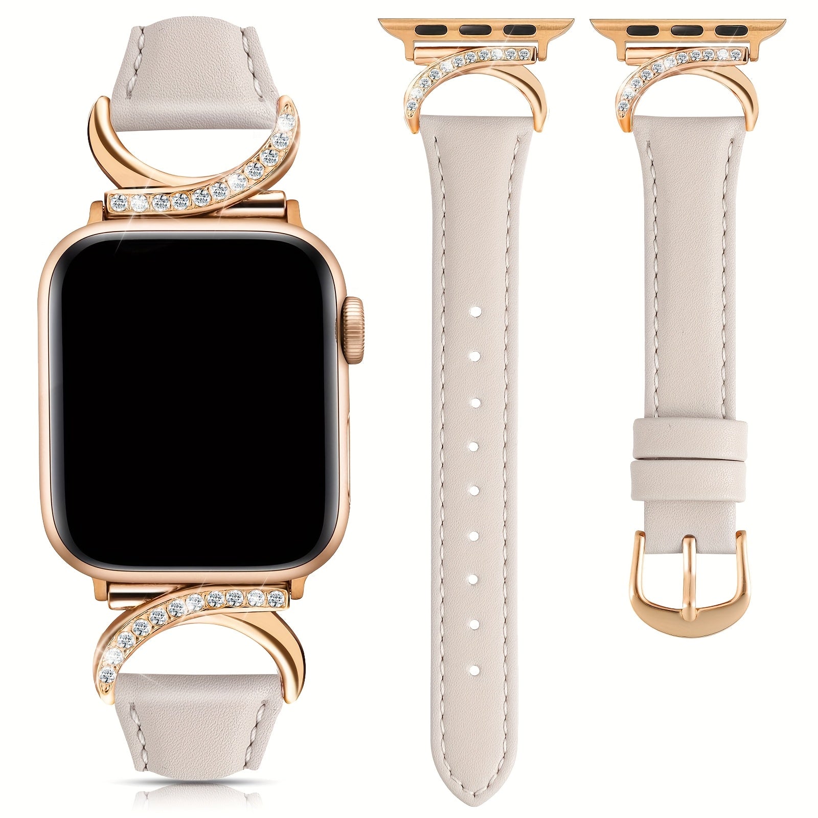 Women's Ultra-Thin Calfskin Watch Strap for Apple Watch Series 1-9 38mm-49mm Rhinestone Design