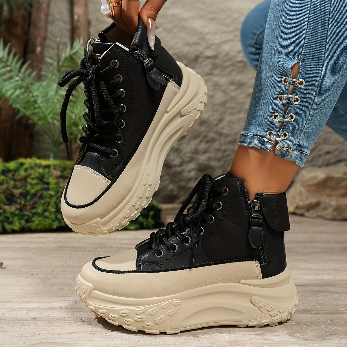 Women's High-Top Platform Sneakers with Rubber Sole Slip-Resistant Beige Black
