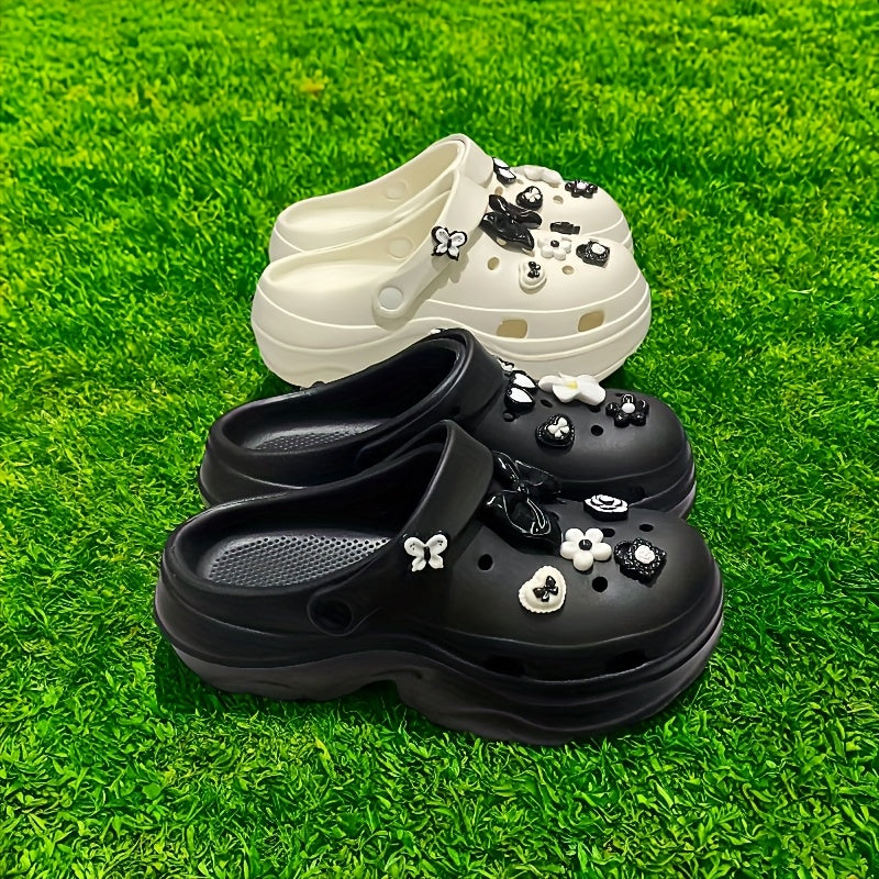 Женские пляжные туфли EVA с толстой подошвой, цветочные, черные и белые, комфортные для лета