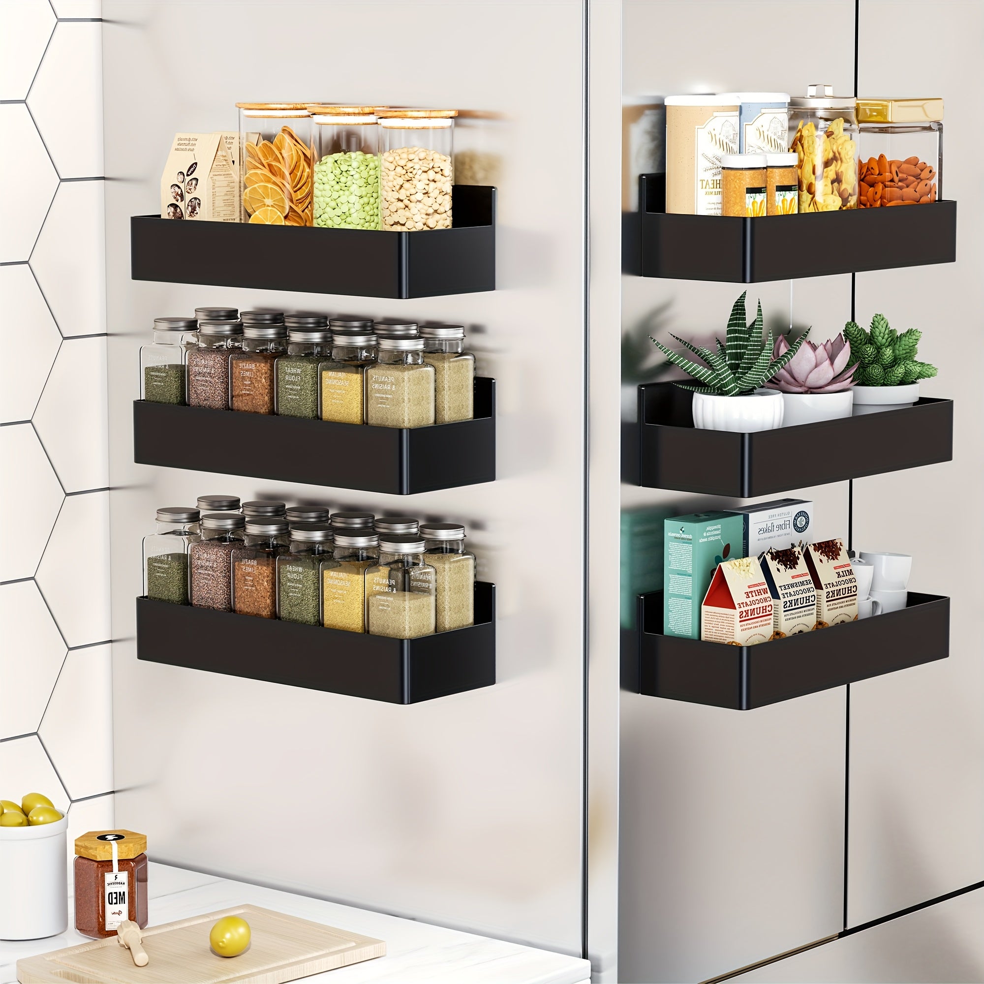 6pcs Magnetic Spice Rack Set Plastic Wall-Mounted Organizer for Refrigerator Oven
