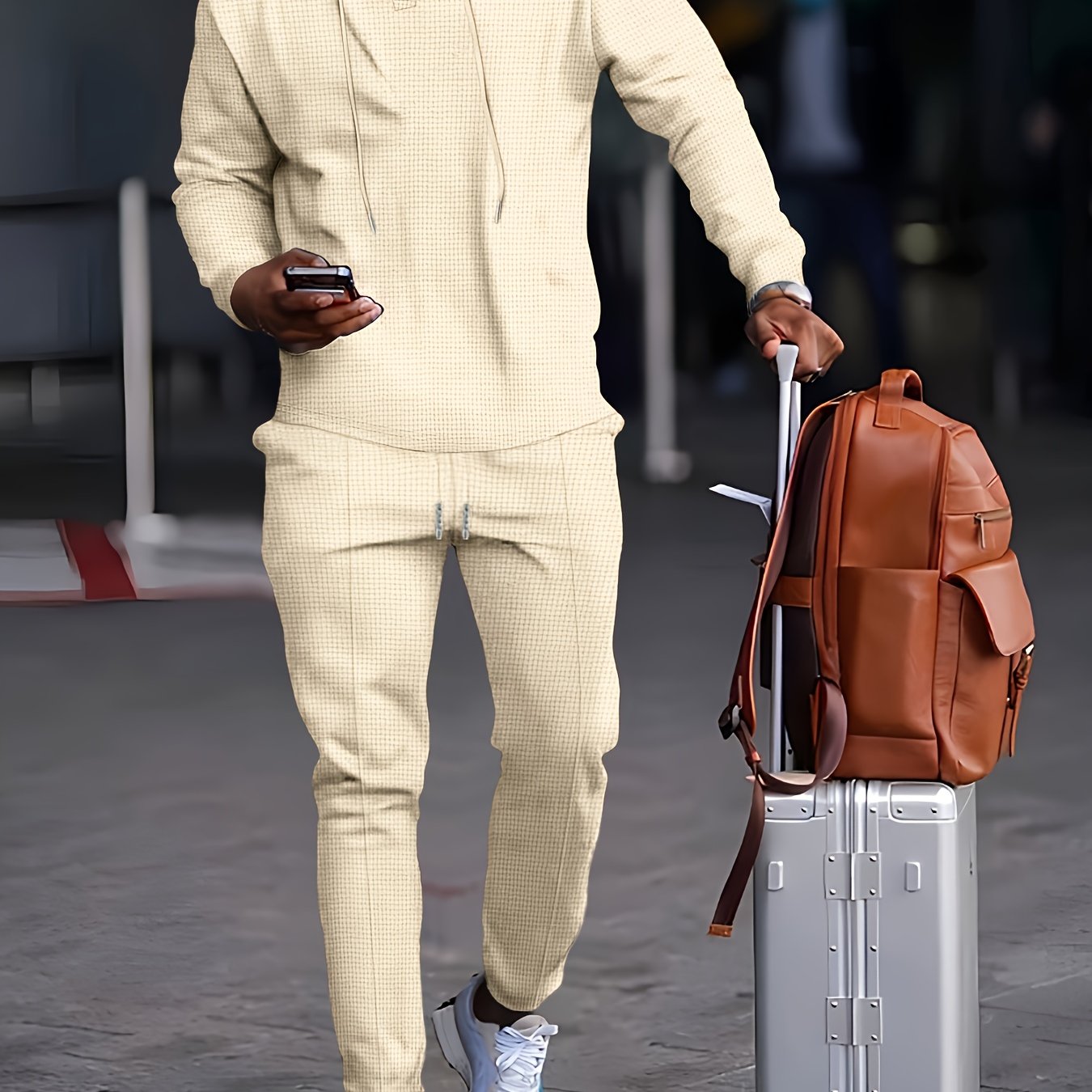 Men's Long Sleeve Hoodie and Pants Set Solid Waffle Knit Casual Autumn