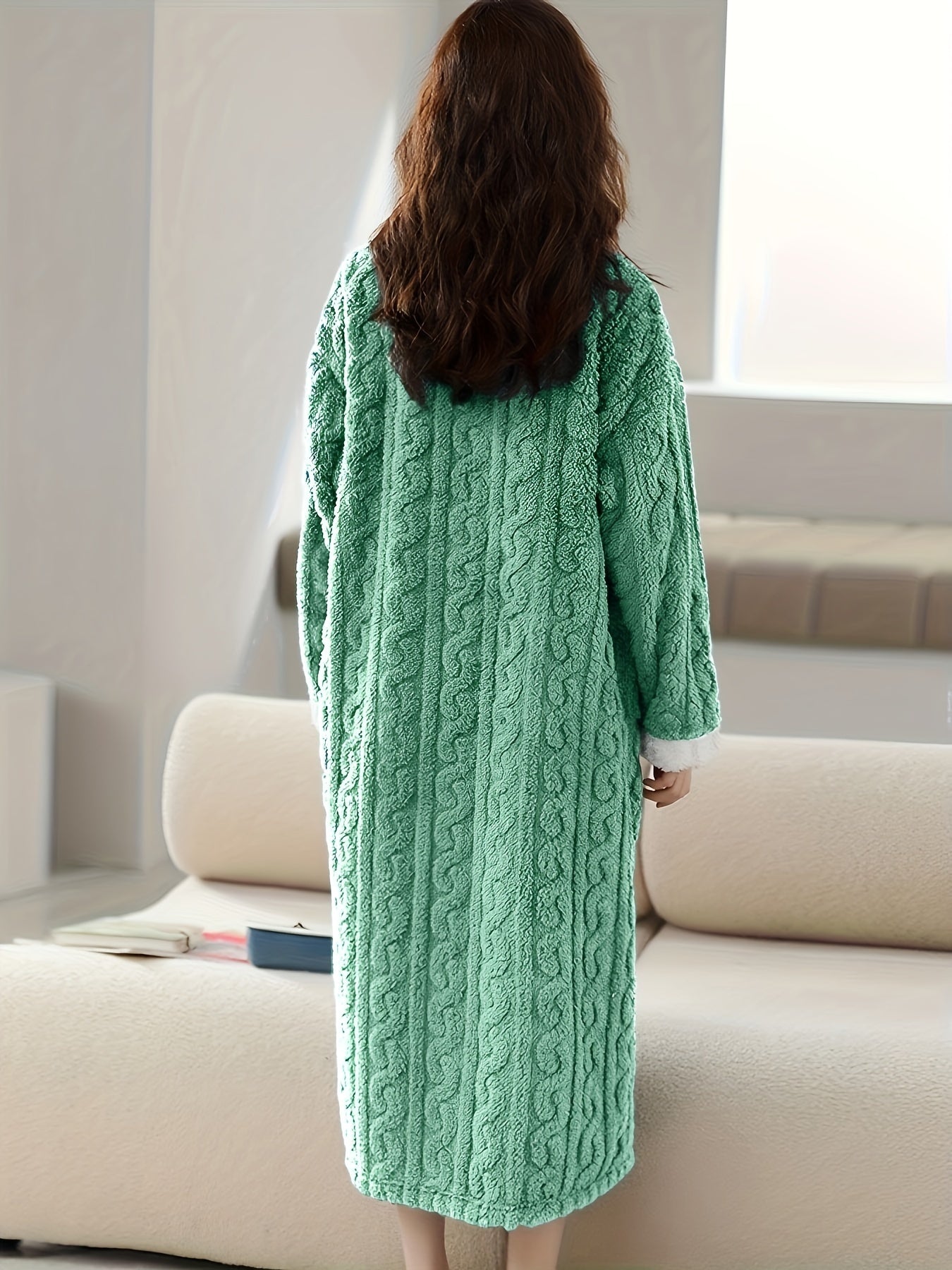 Bata de invierno de jacquard con forro de felpa para mujer, de manga larga, ropa de descanso en bloques de color