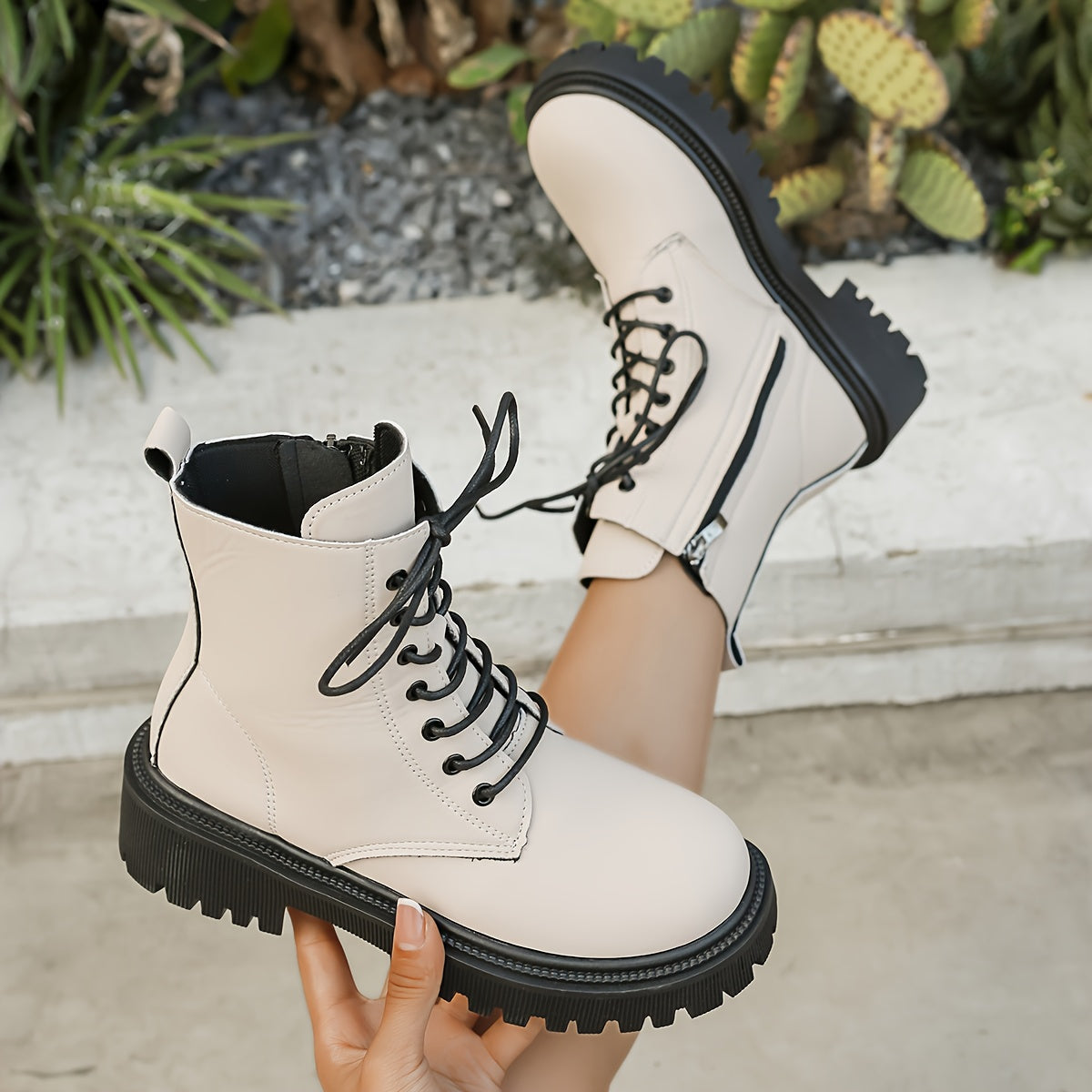 Women's Black Faux Leather Ankle Boots With Lace-Up Mid-Heel Non-Slip Sole