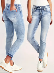 Plus o'lchamli ayollar uchun yuqori belli elastik denim jinsi ko'k vintage buzilgan