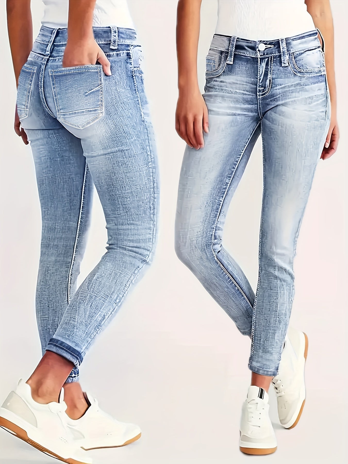 Plus o'lchamli ayollar uchun yuqori belli elastik denim jinsi ko'k vintage buzilgan