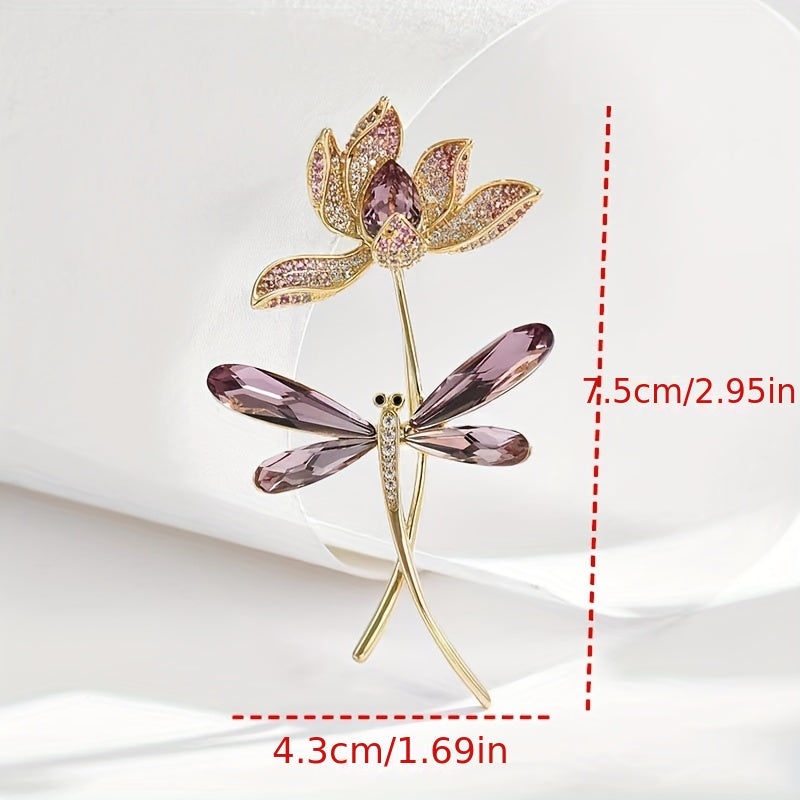 Glass Dragonfly and Flower Brooch Pin for Women Rhinestone Jewelry Stylish Accessory