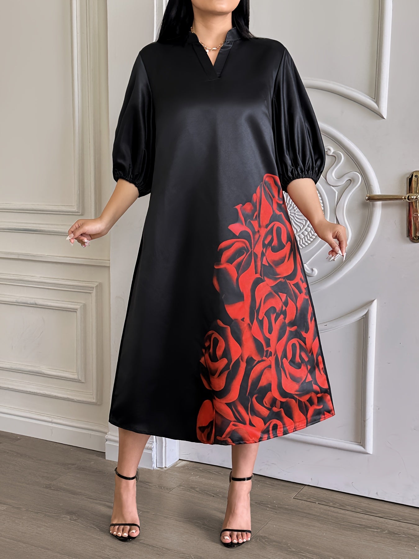 Women's V-Neck Dress with Red Rose Print and Midi Length in Polyester