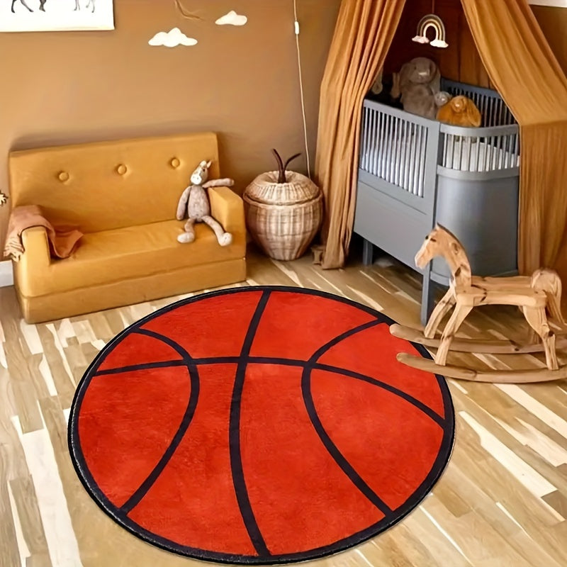 Thick Basketball-Inspired Round Area Rug, Soft Polyester, Easy to Clean, Bedroom or Living Room Decor