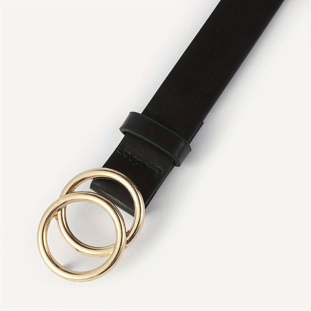 Women's Black PU Leather Belt with Double Circle Buckle for Casual Jeans
