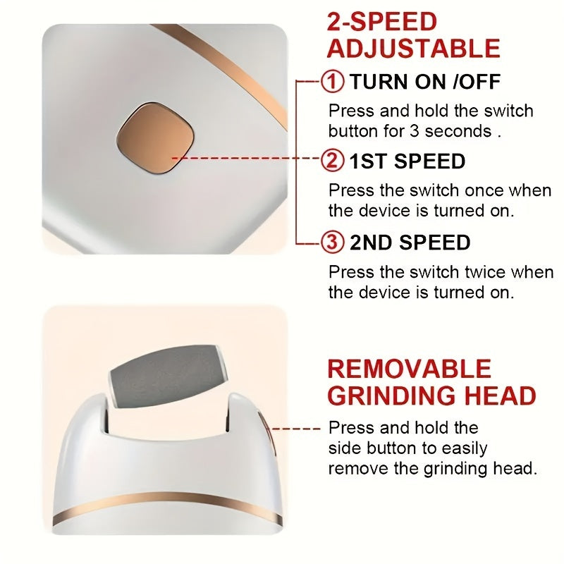 USB orqali zaryadlanadigan xususiyatga ega elektr oyoq maydalagichi, ikki almashtiriladigan bosh va qalin teri uchun portativ dizayn. Past voltaj va zaryadlanadigan batareya bilan foydalanish oson.