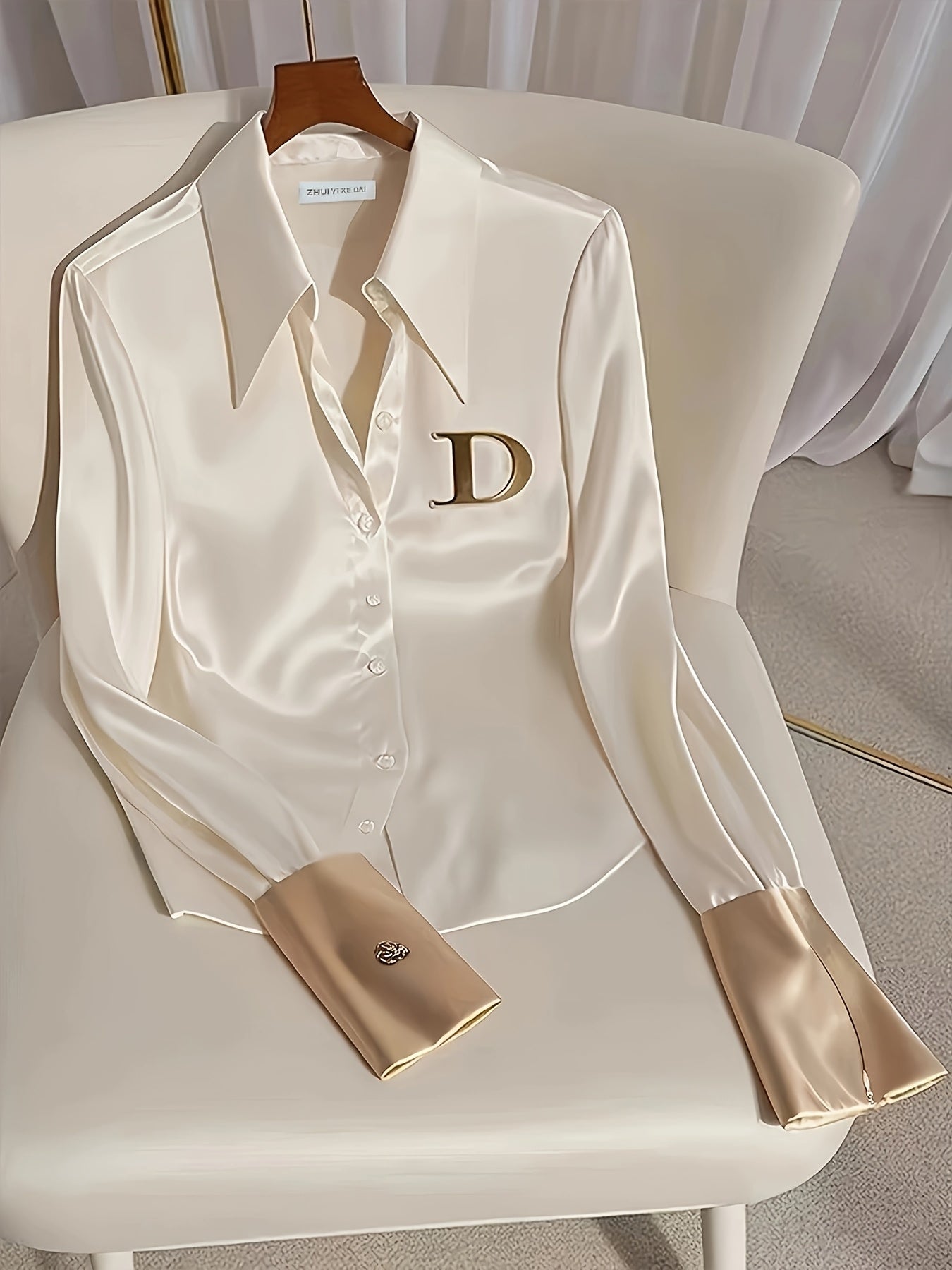 Women's Polyester Blouse with Wide Collar Alphabet Embellishments and Zipper Detail