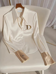 Women's Polyester Blouse with Wide Collar Alphabet Embellishments and Zipper Detail