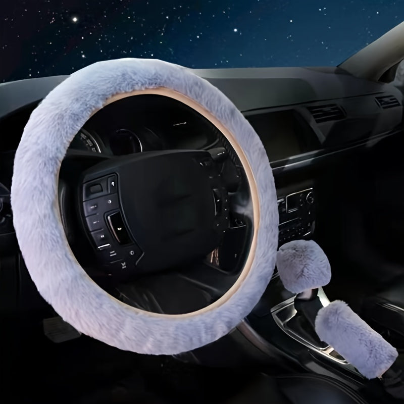 3pcs Winter Fur Plush Steering Wheel Covers Handbrake Gear Shift Fluffy Car SUV