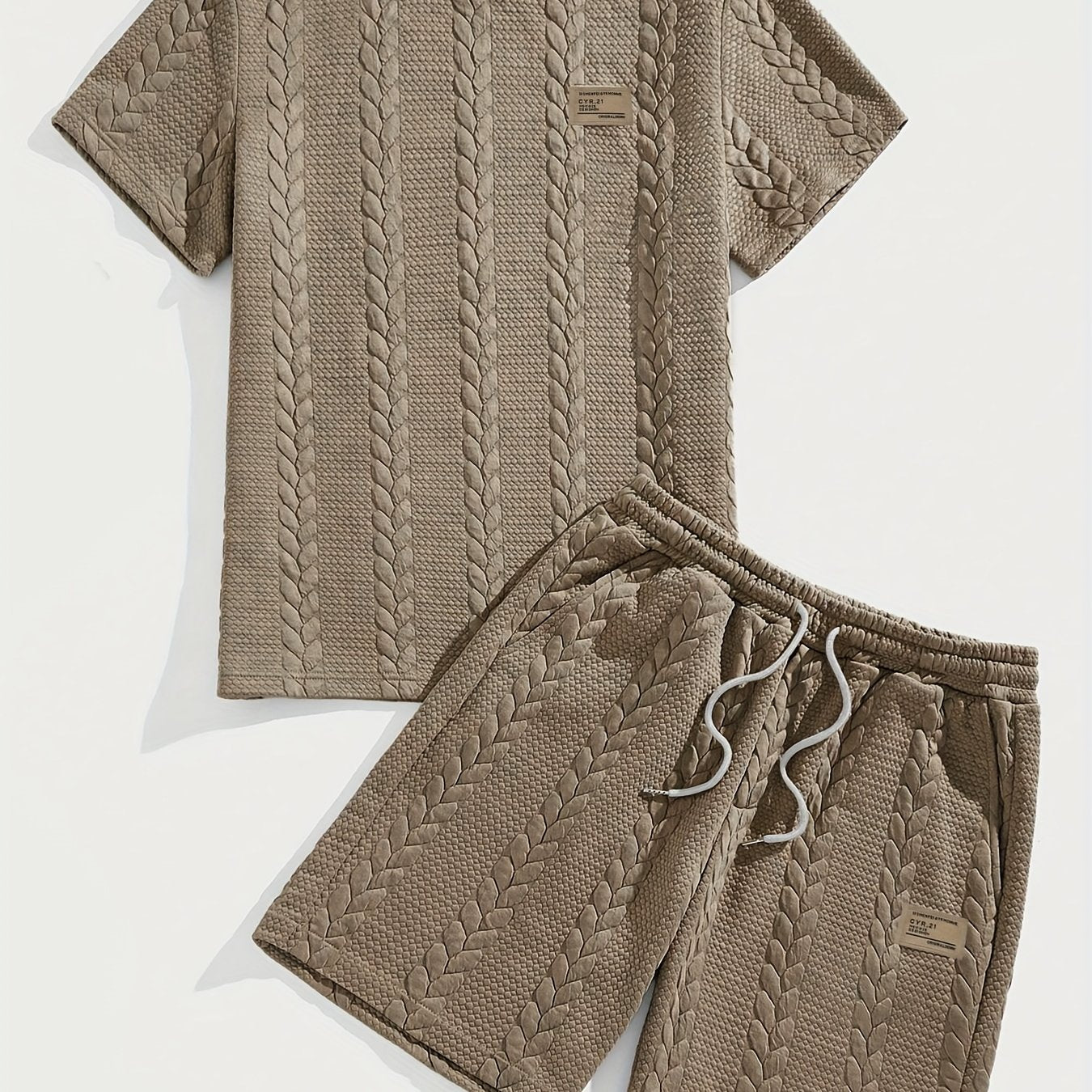 Men's Short Sleeve Solid Color Casual Set with Wheat Pattern and Drawstring Shorts