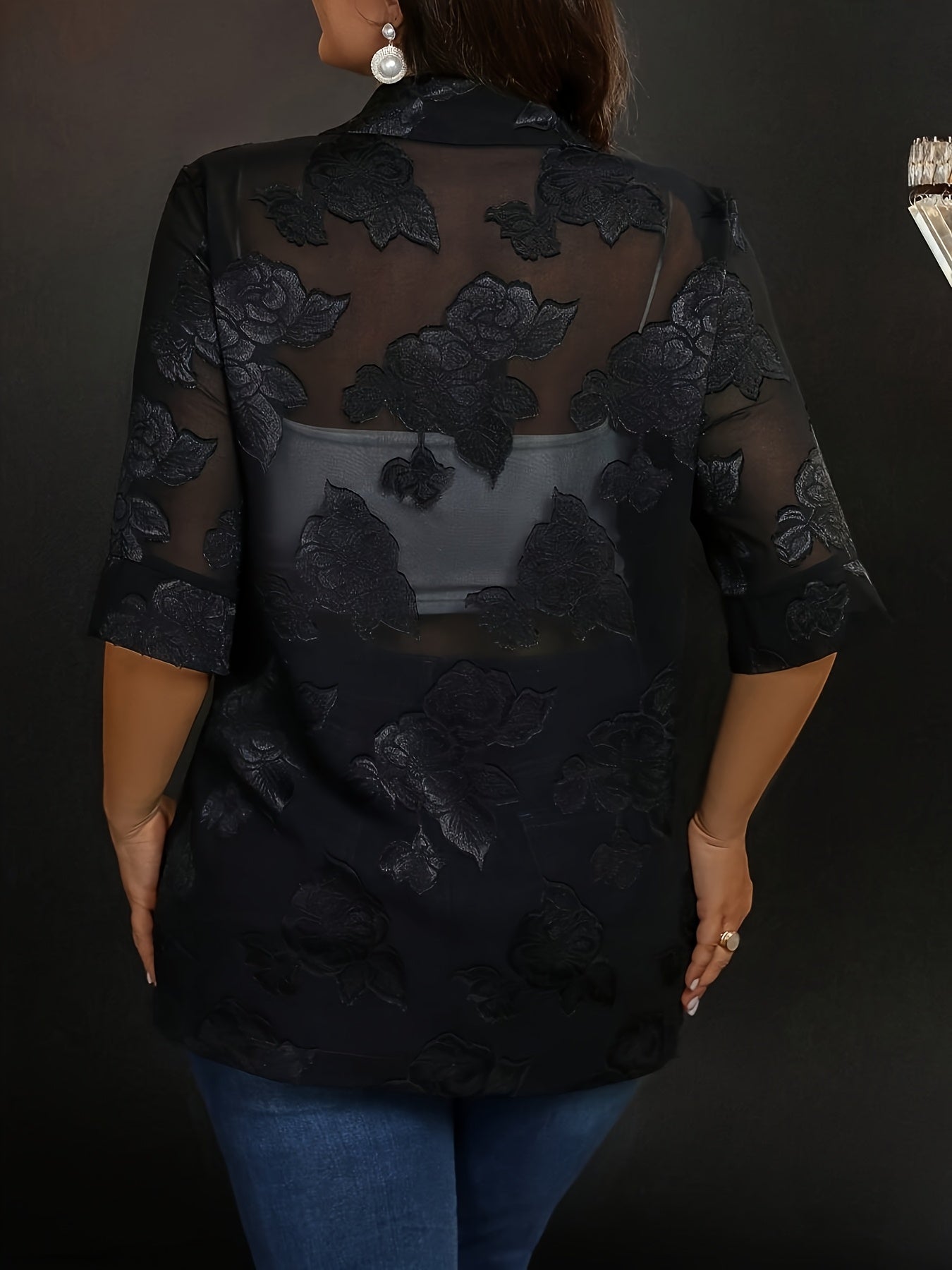 Women's Polyester Blazer with Floral Embroidery, Black, Open Front