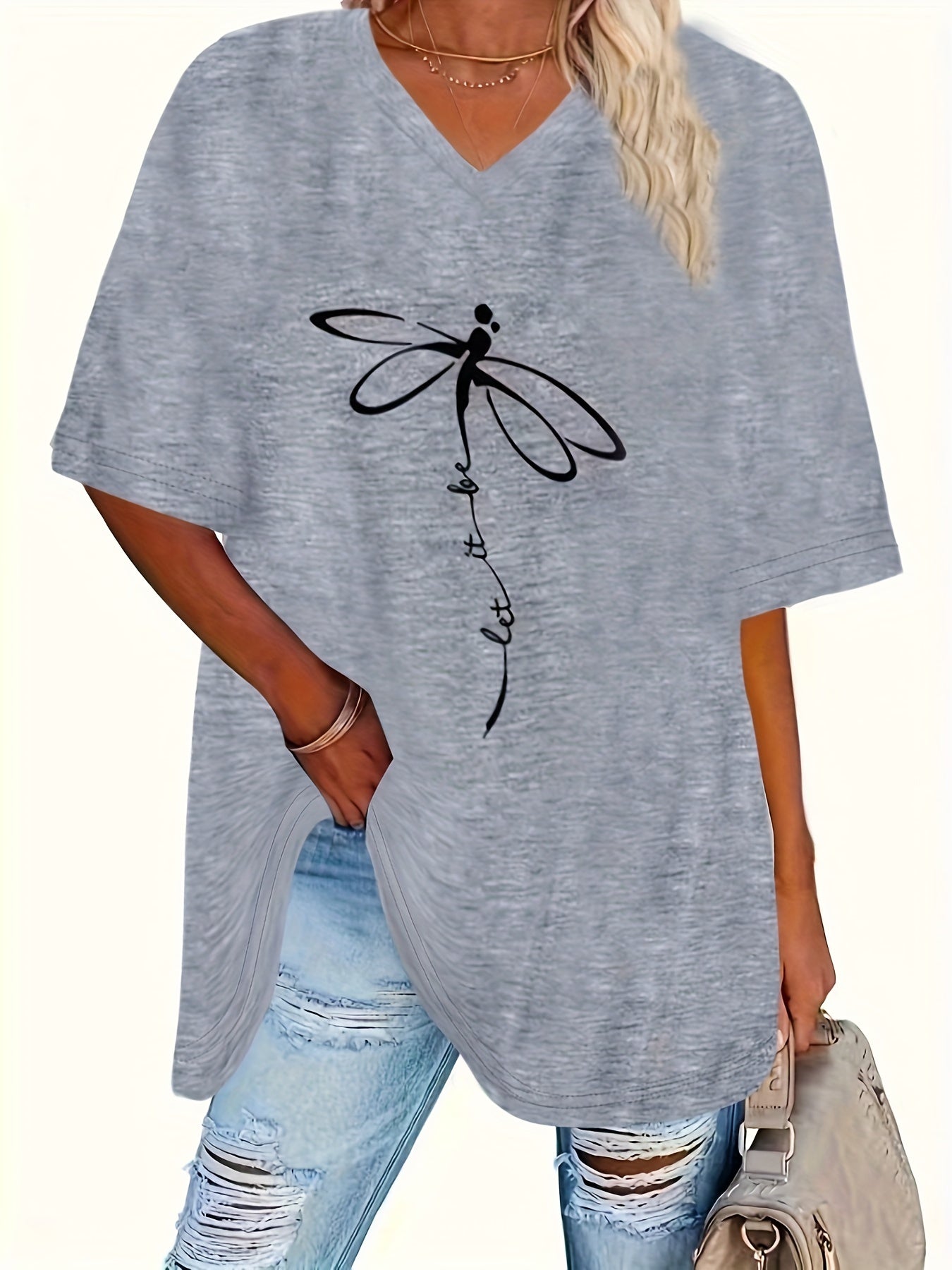 Plus Size Short-Sleeve Floral T-Shirt for Home and Travel Spring Summer