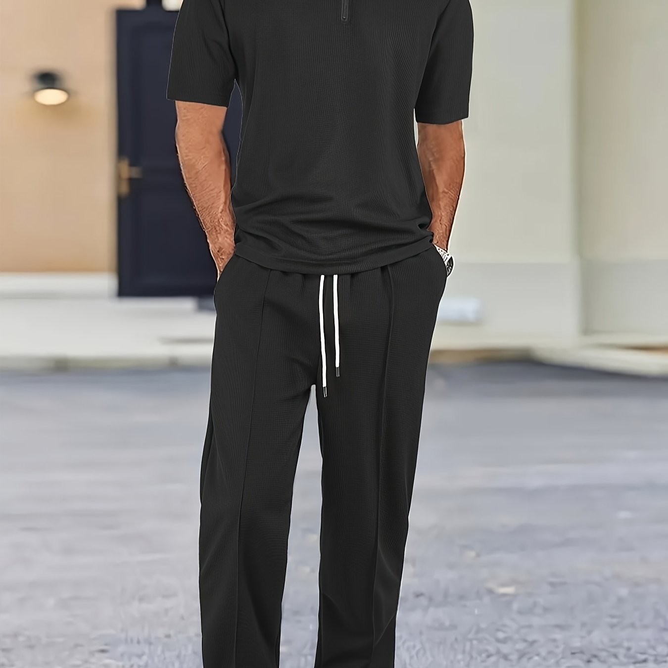 Men's Casual Outfit Waffle Knit Short Sleeve Zip-Up Shirt and Drawstring Pants Black Polyester Blend Summer