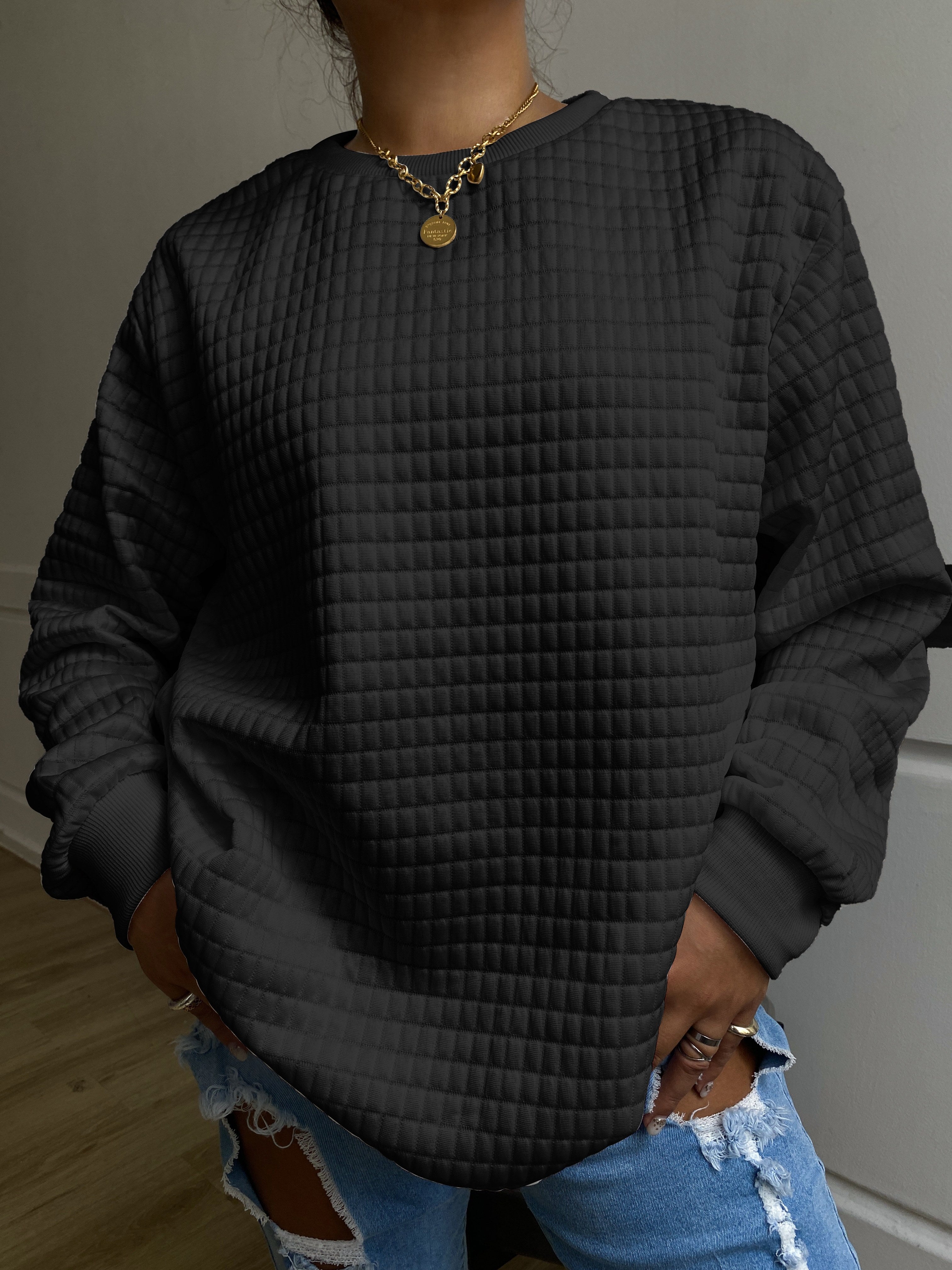 Women's Plus Size Waffle Pattern Casual Sweatshirt 2 Pack Long Sleeve Round Neck