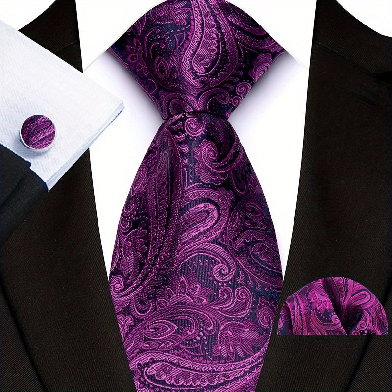 Men's Business Tie, Handkerchief, Cufflinks Set in Plaid and Stripe Designs