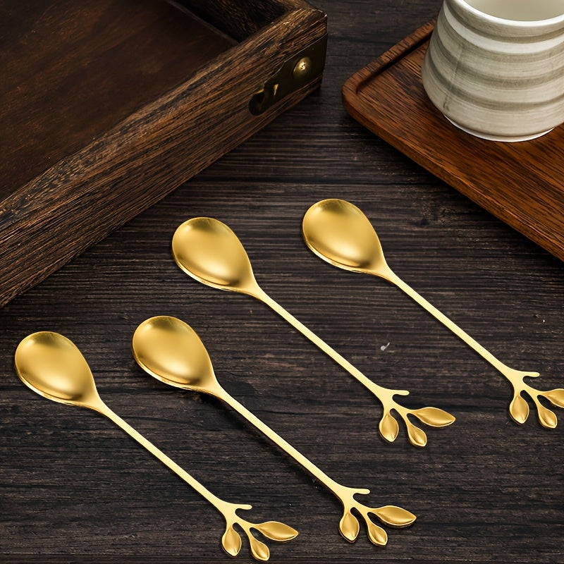 Набор из 10 кофейных ложек из нержавеющей стали с ручками в виде листьев, 12,4 см, серебро и золото