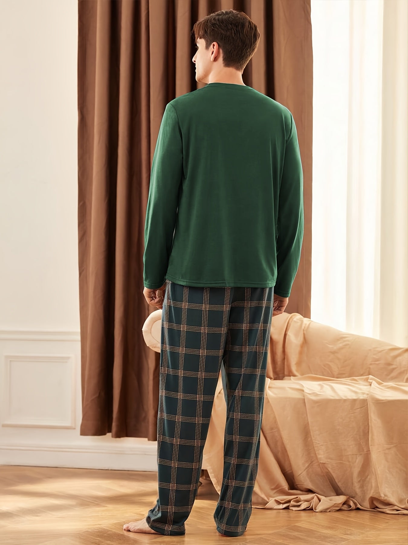 Men's Dark Green Long Sleeve Pajama Set with Plaid Trousers