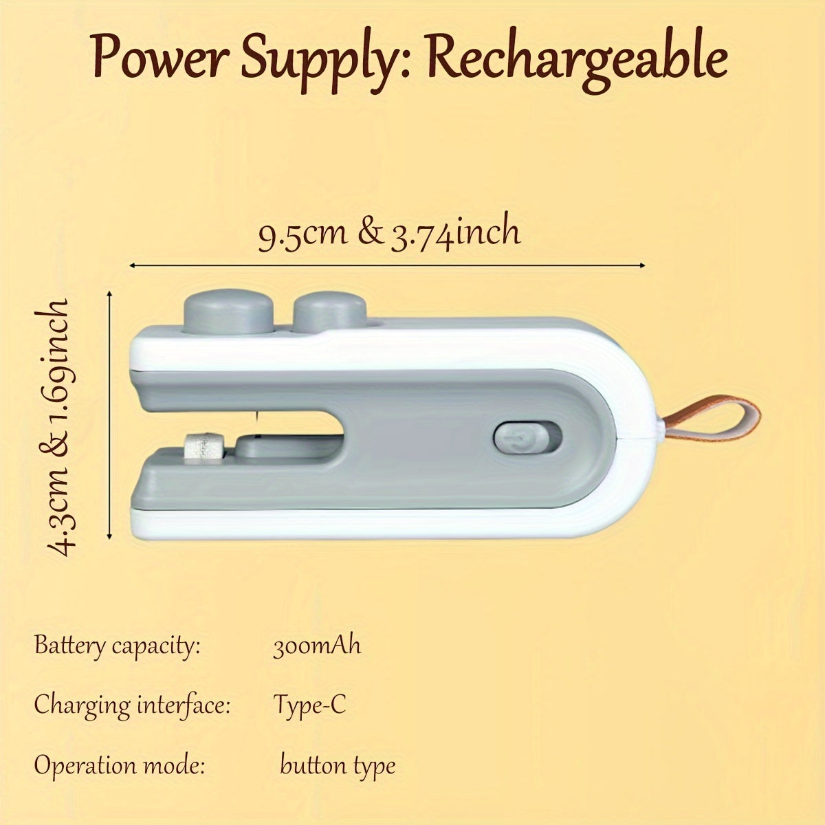 Qo‘l bosimli plastik paket yopgich bilan mini snack yopish mashinasi, qayta to‘ldiriladigan litiy batareya, USB zaryadlash, 36V maksimal kuchlanish, 300mAh quvvat, oshxona uchun ideal qurilma.