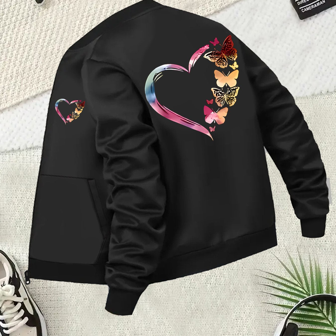 Plus Size Womens Casual Bomber Jacket with Butterfly Pattern Black All-Season Outerwear