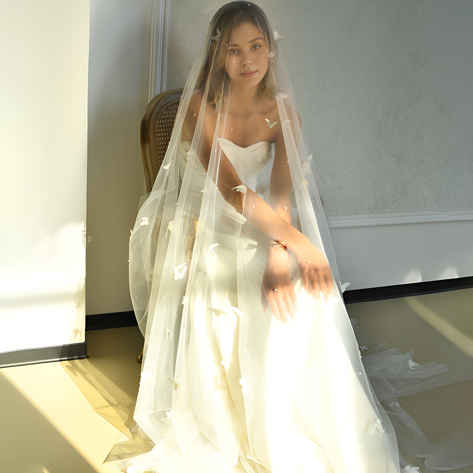 White Butterfly and Pearl Embellished Bridal Veil 3 Meters Nylon Wedding Accessory