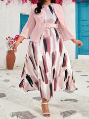 Plus-Size Pink Coat and Dress Set with Long Sleeves and Elegant Pattern
