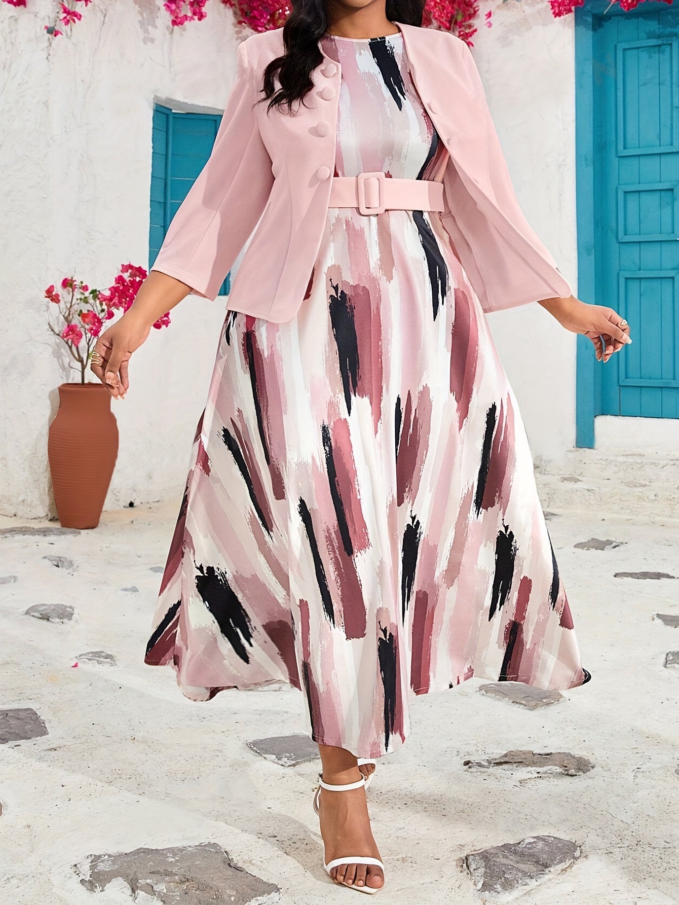 Plus-Size Pink Coat and Dress Set with Long Sleeves and Elegant Pattern