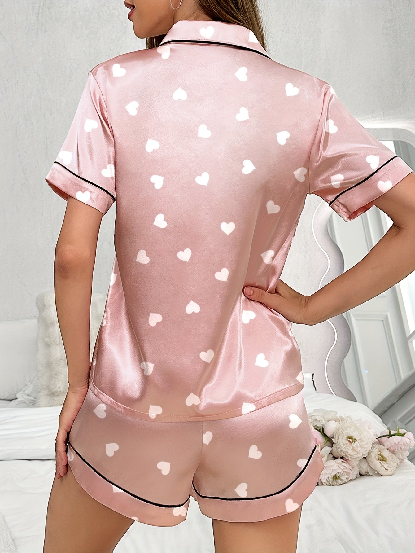 Women's Satin Pajama Set with Heart Print Short Sleeve Button Up Top and Elastic Shorts