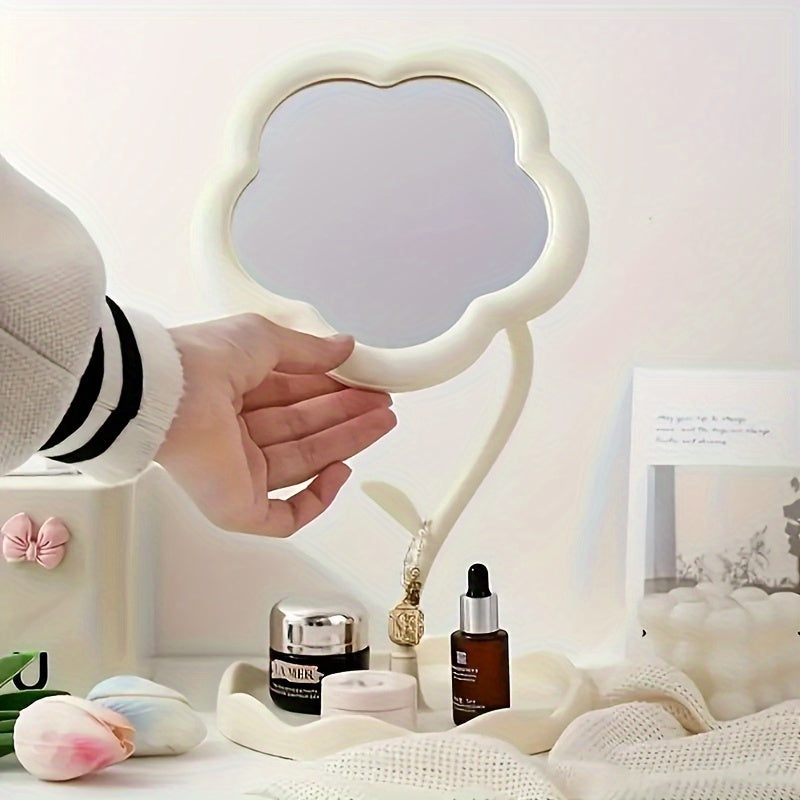 Boxed Cosmetic Mirror with Flower Design High-Definition Glass Adjustable Bracket Dressing Table Decor