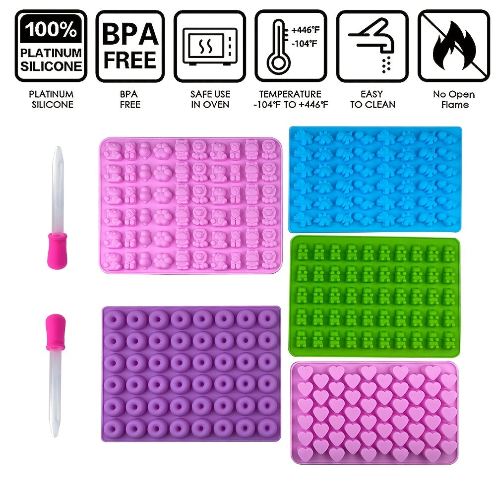 Set of 5 Silicone Gummy Bear Chocolate Molds with 2 Droppers Non-Stick Candy Making Kit
