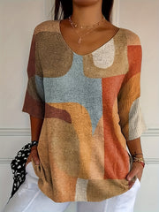 Топ женский с V-образным вырезом, длина миди, с рукавами, крупным геометрическим абстрактным принтом