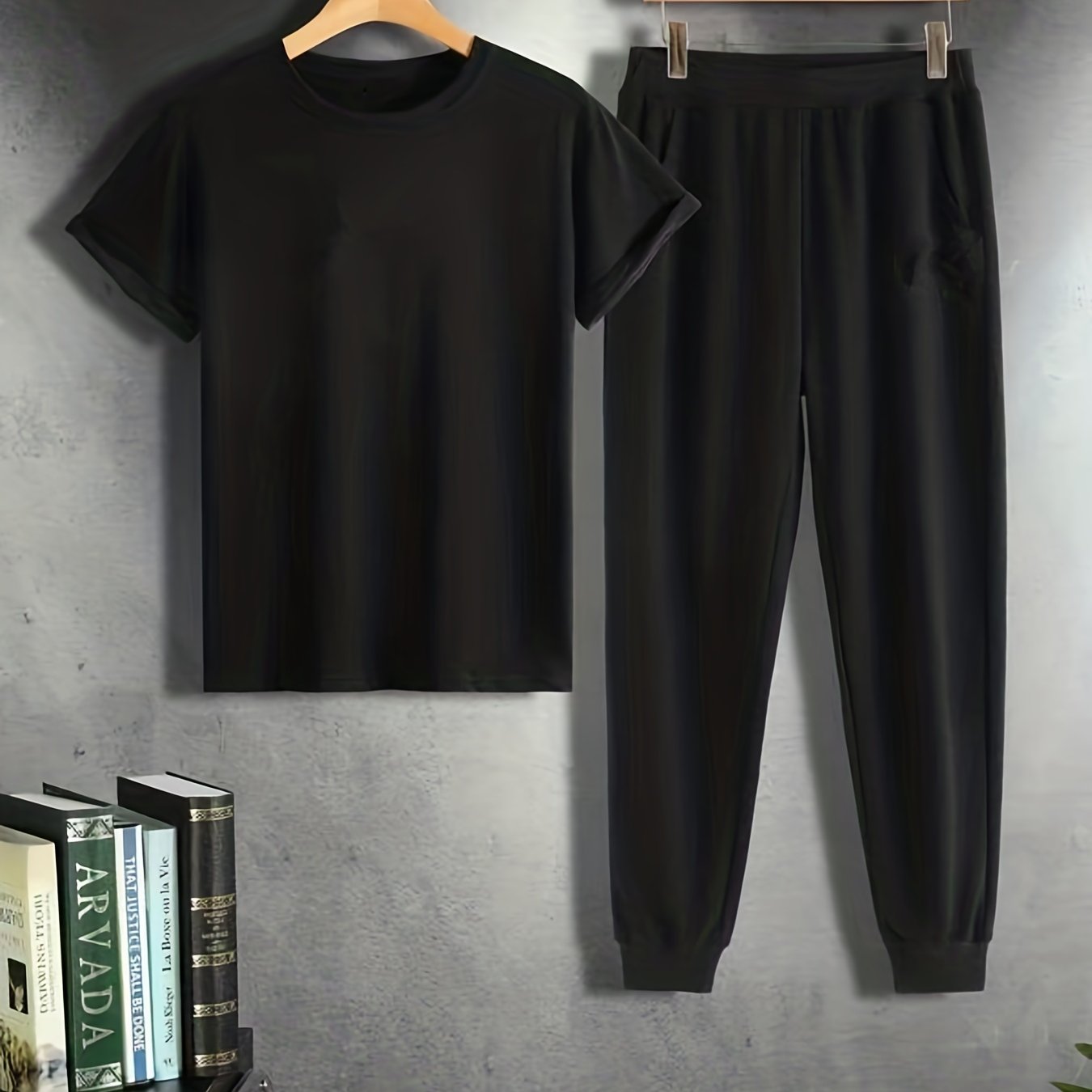 Men's Black Short Sleeve T-Shirt and Pockets Trousers Pajama Set Spring Summer Casual