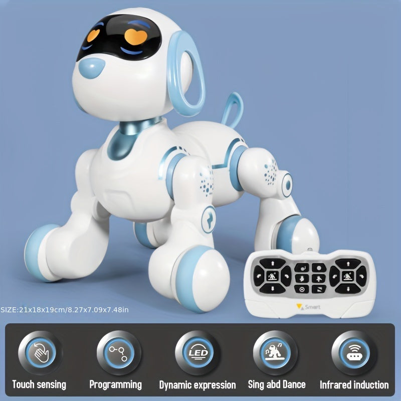 Juguete robot interactivo para niños de 3 años en adelante, perro RC programable en azul y blanco con control remoto por infrarrojos