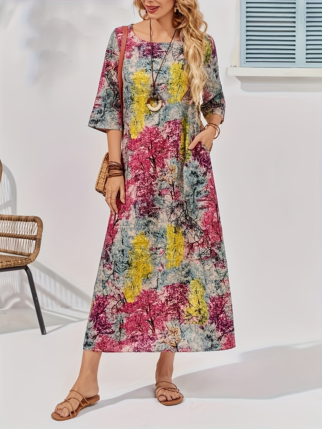 Миди-платье большого размера с геометрическим принтом и карманами для женщин, повседневное лето-осень