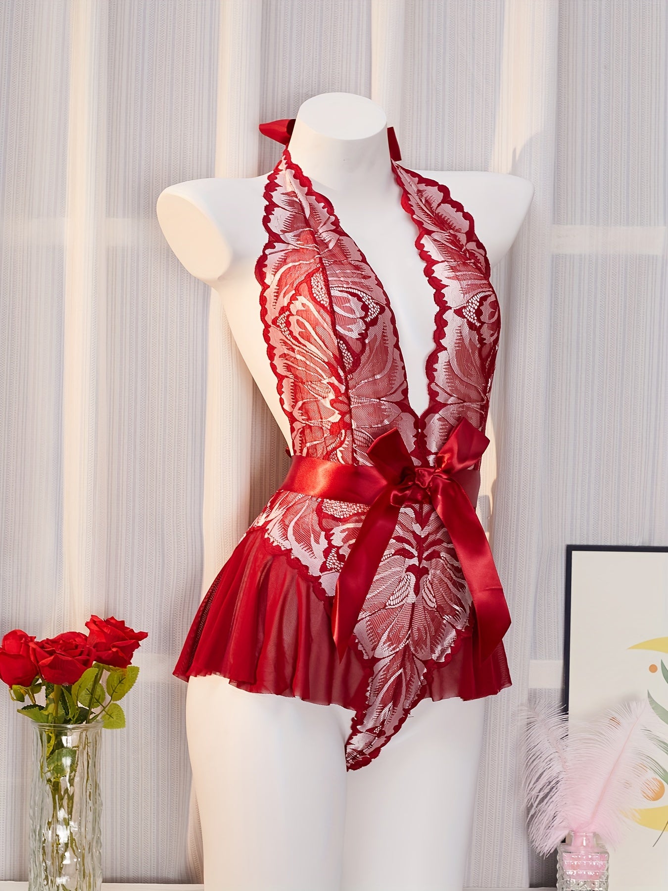 Adult Lace Bodysuit with Random Print Large Bow Nylon No Padding