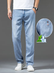 Men's Light Blue Straight Leg Denim Jeans with Lyocell Blend for Summer Casual