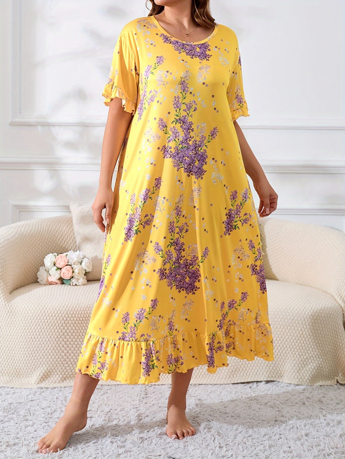 Plus Size Women's Floral Print Short Sleeve Nightdress Ruffle Trim