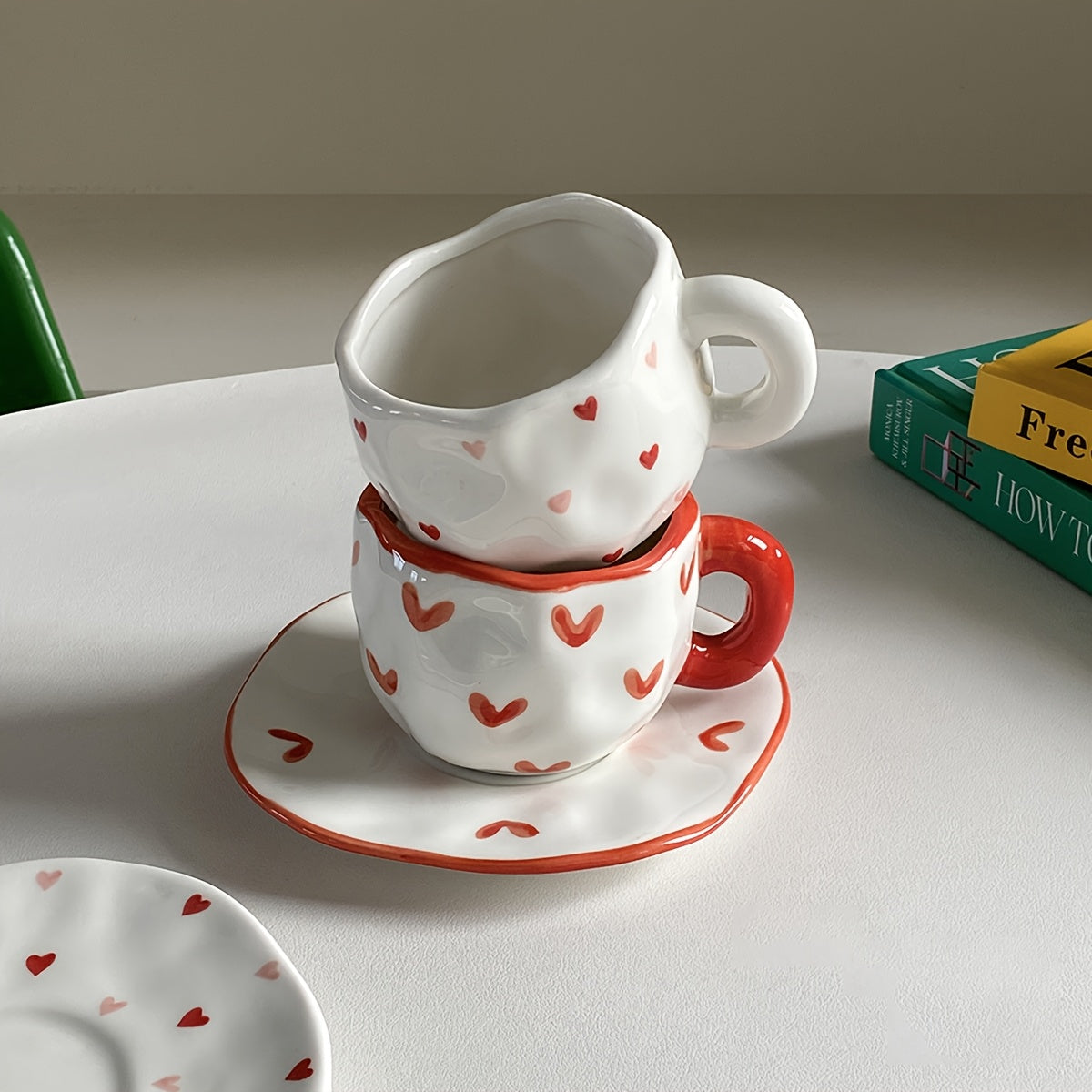 Valentine's Day Irregular Ceramic Coffee Mug and Saucer Set with Hand-Kneaded Texture