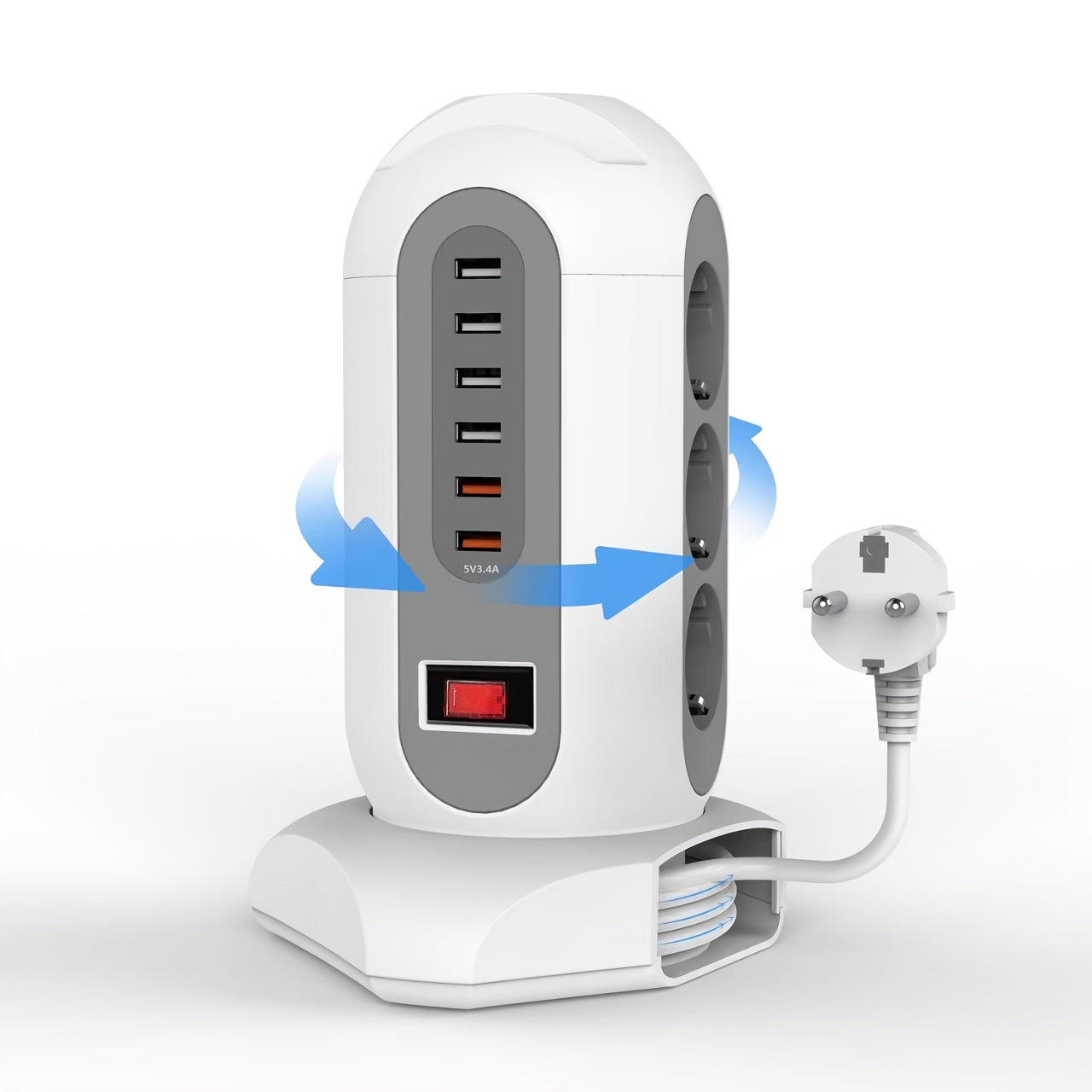 Regleta de corriente EU Tower con 9 tomas de corriente AC y 6 puertos USB, cable de 1.8 m, protección contra sobrecargas