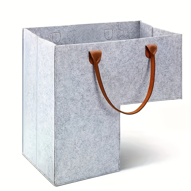 Felt Storage Basket with Leather Handles Foldable Open Top for Organizing Clothes Toys