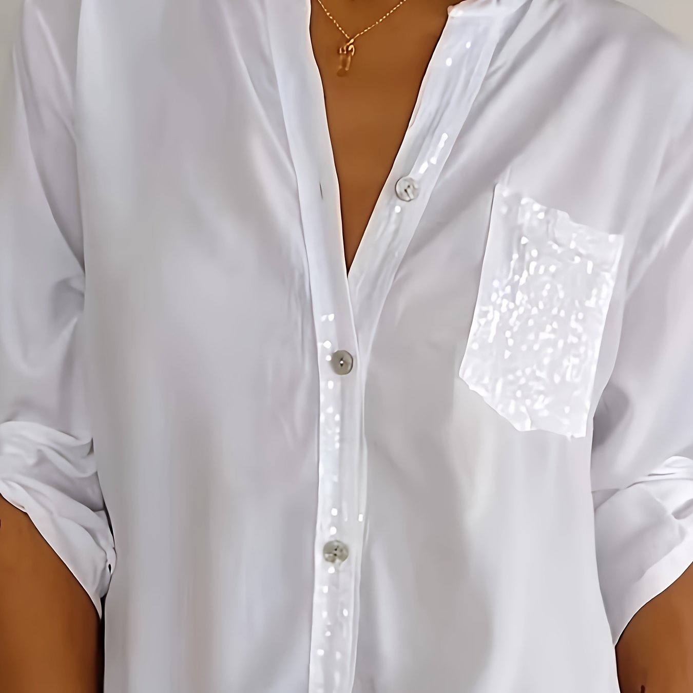 Women's Polyester Long-Sleeve Button-Up Shirt with Patch Pockets Casual All-Season