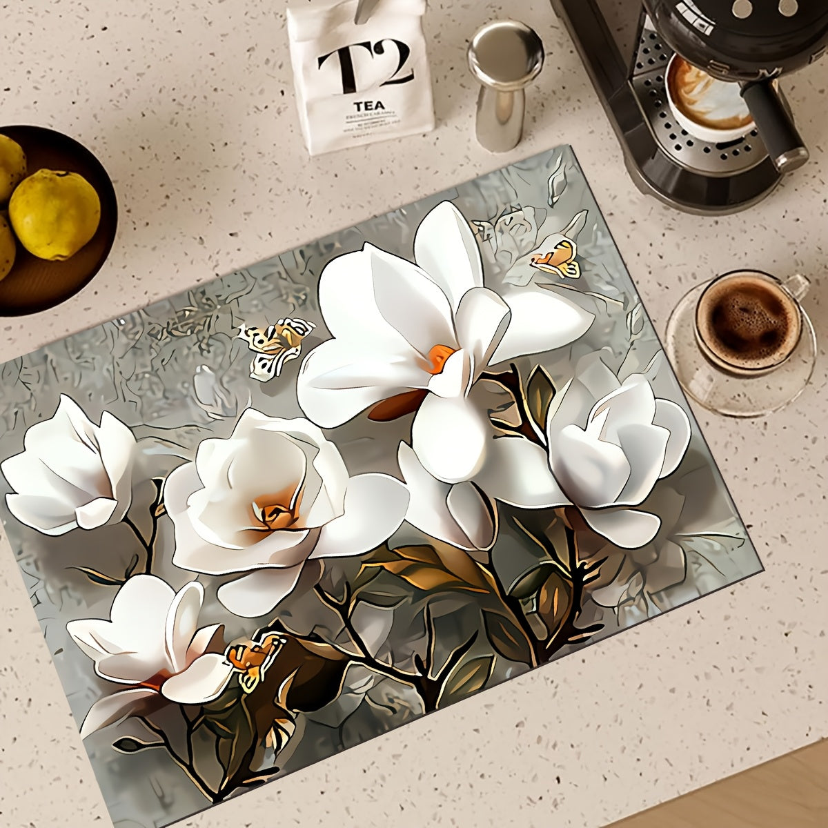 Magnolia Flower Print Polyester Mat Quick-Dry Absorbent Countertop Protector