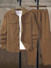 Men's Solid Color Corduroy Suit with Long Sleeve Shirt and Pants