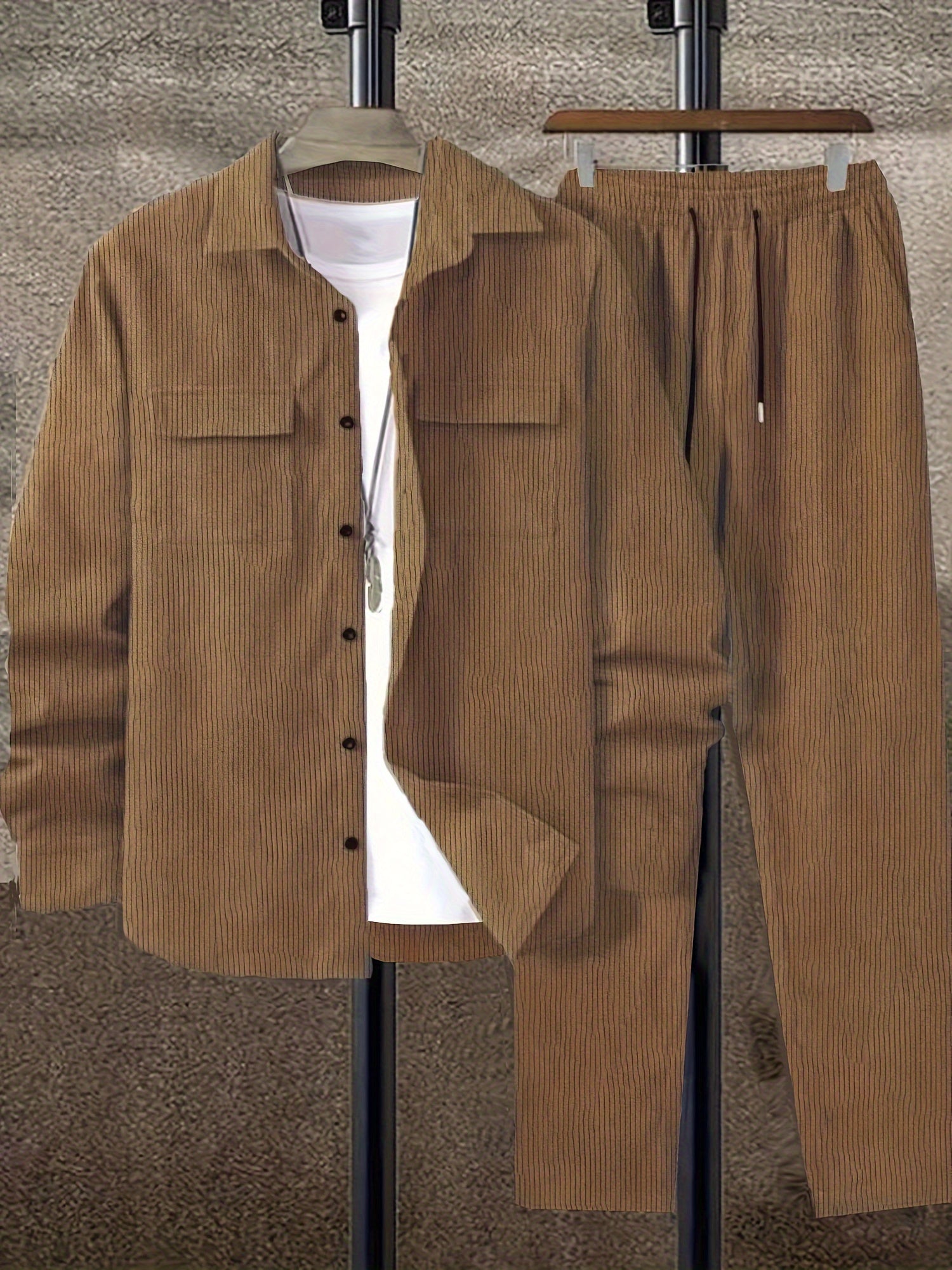 Men's Solid Color Corduroy Suit with Long Sleeve Shirt and Pants